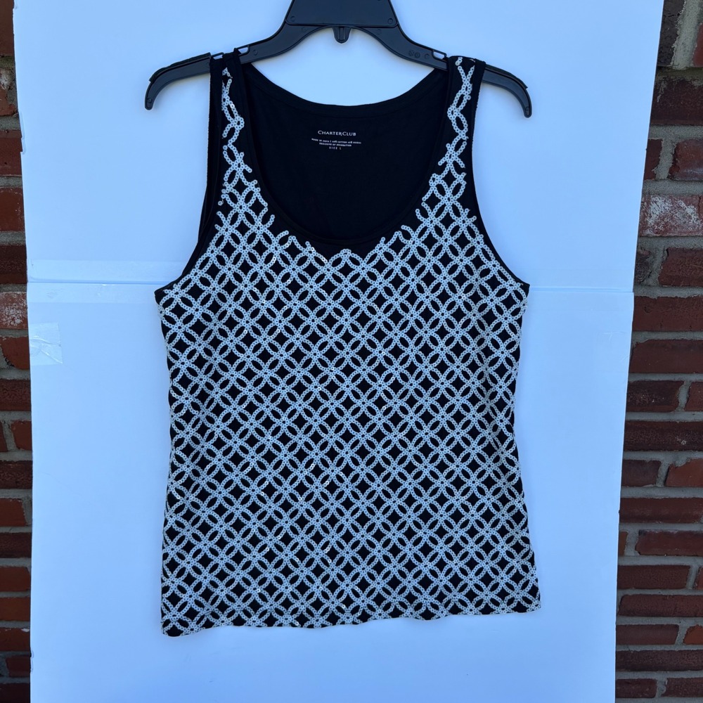 Charter Club Black Sleeveless Tank White Sequin Embroidered Geometric Circle M